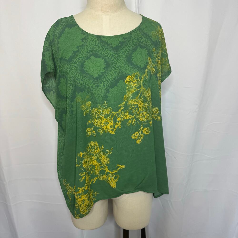 CAbi Green Yellow Baroque Floral Blouse Top XL Boho Boxy Pullover Style 597